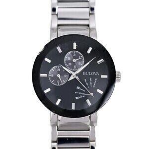 Bulova Futuro Men's 40mm 96C105 Stainless Steel Day Date Silver Black Dial Watch